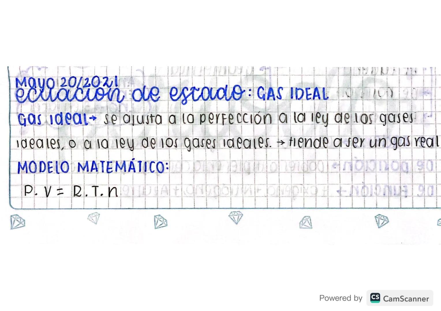 MAYO 20/2021

ecuacion de estado: GAS IDEAL

Gas ideal→ se ajusta a la perfección a la ley de los gases
ideales, o a la ley de los gases ide