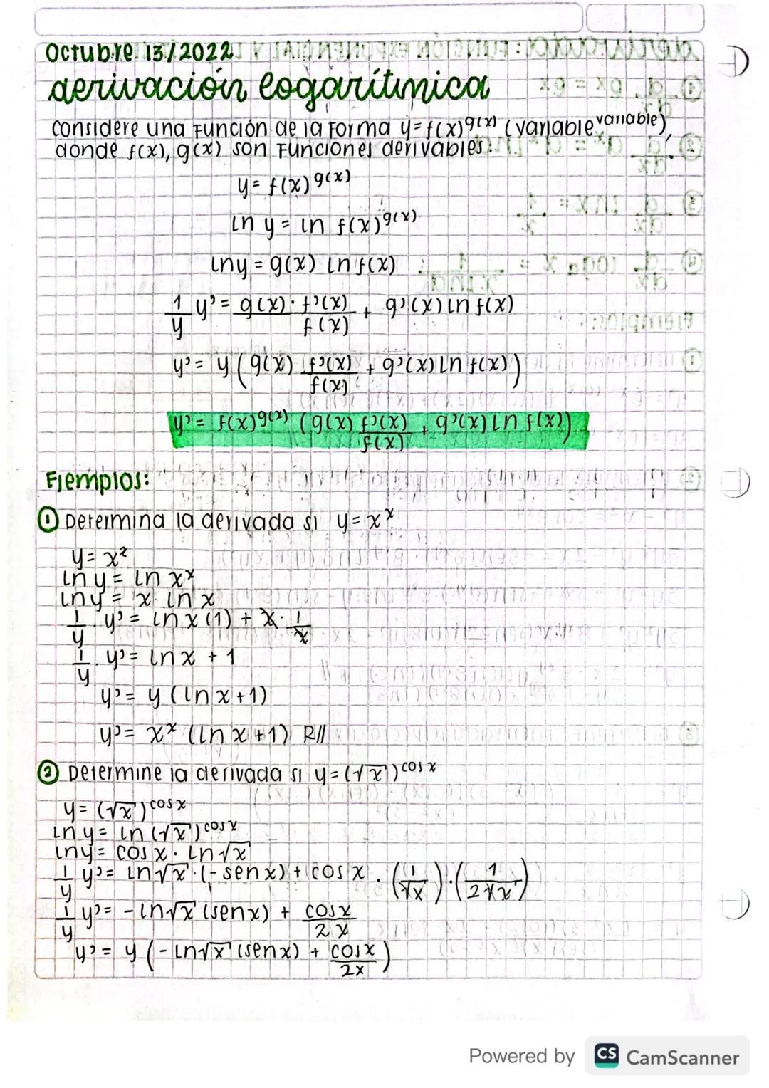 DD
MM
AA
derivada: FUNCIÓN EXPONENCIAL Y LOGARITMICA
① d ex = ex
dx
①dax = a* Ina para ao a
③ d in x = 1
1
☑
④d 109a x =
dx
xtha
para avo, a