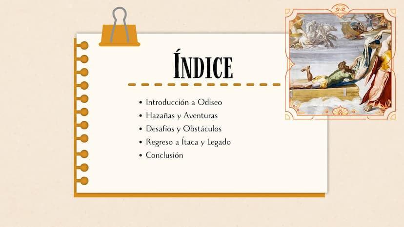 T ༥
ར
PROYECTO De:
ODISEO ÍNDICE
• Introducción a Odiseo
• Hazañas y Aventuras
• Desafíos y Obstáculos
•
Regreso a Ítaca y Legado
• Conclusi