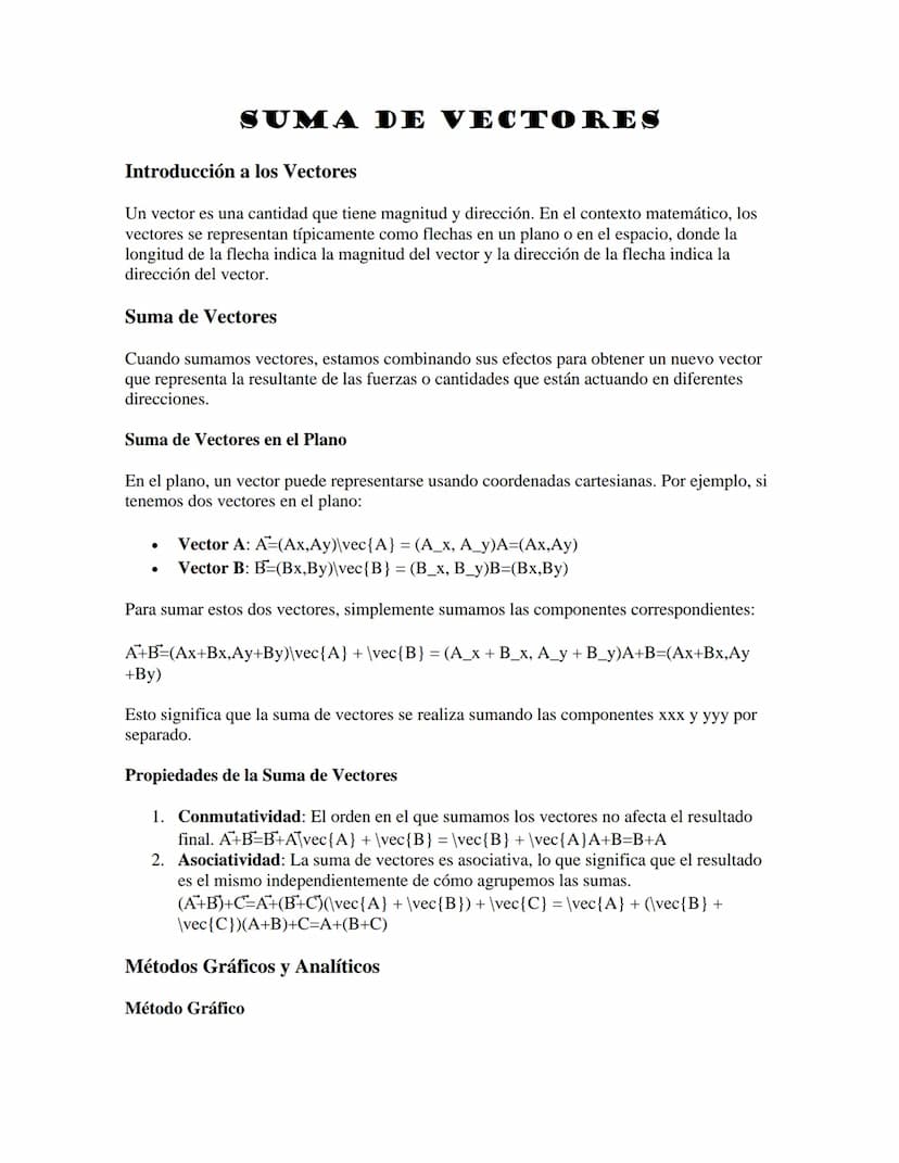 SUMA DE VECTORES
Introducción a los Vectores
Un vector es una cantidad que tiene magnitud y dirección. En el contexto matemático, los
vector