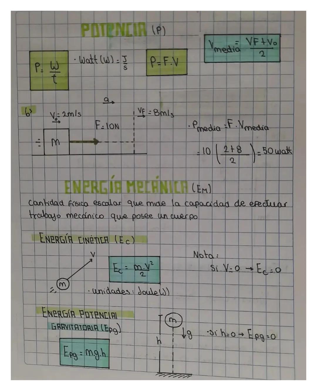 # POTENCIA (P)

$V_{media}$ = $\frac{VF+Vo}{2}$

P= $\frac{W}{t}$ · watt (W)= $\frac{J}{S}$ P=F.V

6)

Vo=2m/s Vf=8m/s

F=10N

$\div$ M

$P_