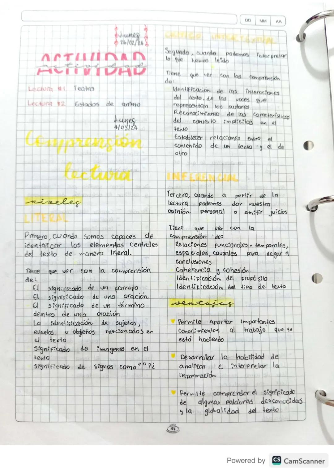 DD MM AA
Lunes
26/02/24
ACTUIDAD
Segundo, cuando
lo que hemos leido.
ACTIVIDAD
Lectura #C Teatra
Lectura $2 Estados de animo
Lunes
4/05/24
p