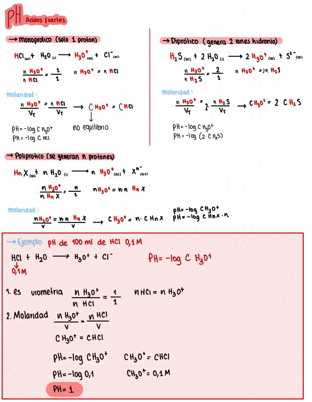 PH
Acidos fuertes
•monoprotico (solo 1 proton)
HCI (a)+ H₂O (1)
n H3O+
n HCI
=
→
H30*(c) + Cl (ac)
1
n H30+ = n HCI
molaridad:
→ Diprótico (