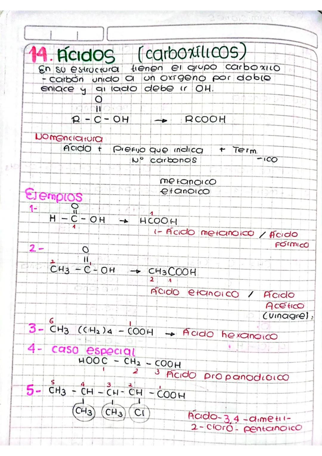 14. Acidos
En su estructural
(carboxílicos)
tienen el grupo carboxilo
carbon unido a un oxígeno por doble
al lado debe ir OH.
eniace y
о
R
1
