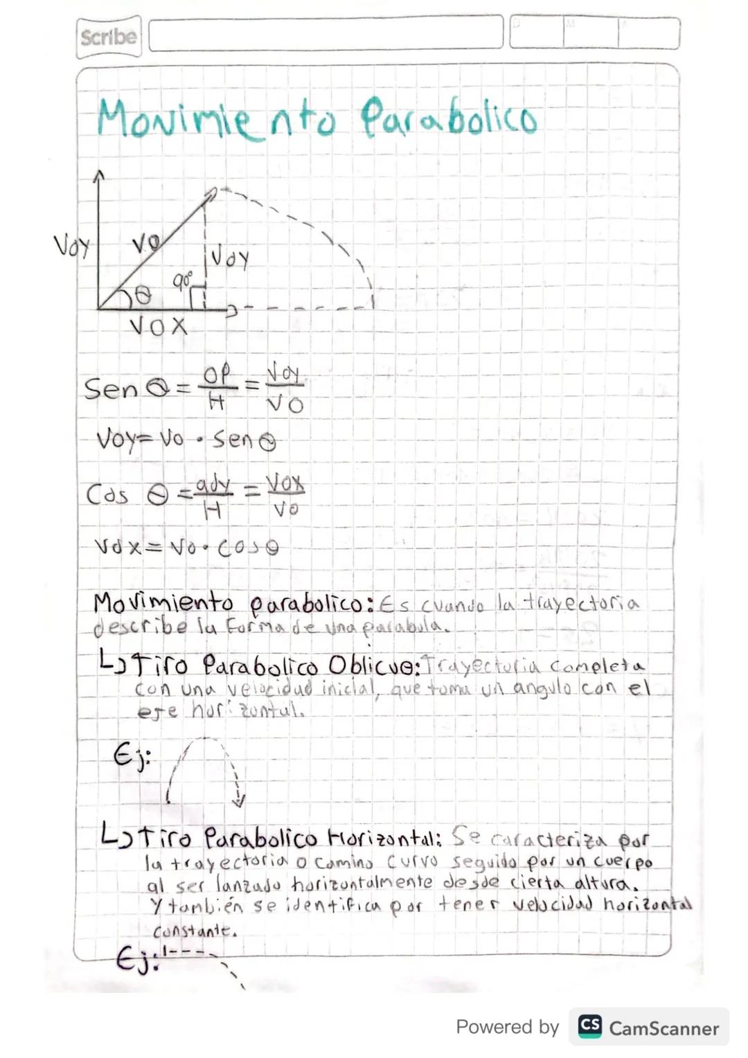 Scribe
Movimiento Parabolico.
Movimiento
Voy
vo
Voy
90°
VOX
Sen=
ор
Voy.
H
Voy=vo · Sen
=
NO
Cds = ady = Vox
H
Vdx = Vocoso
Vo
Movimiento pa