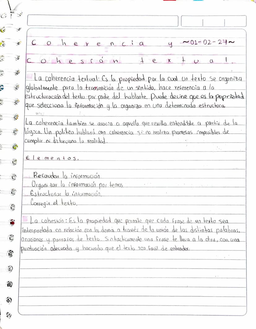 C
0
he
Y
e
ncia
У
~01-02-24~
C
0
hes
ió
n
t
e
✗ +
a
1
La coherencia textual: Es la propiedad por la cual un texto se organiza
globalmente pa