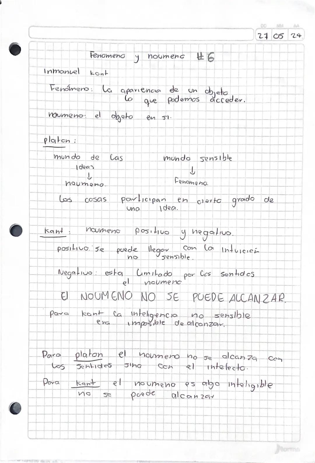 DO MM
AA
27 05 24.
Fenomeno
y
noumenc
#6
Inmanuel
kont
Fenomeno la
apariencia
ما
que podemos acceder.
de
Sn
objeto
noumeno: el objeto
en 51.
