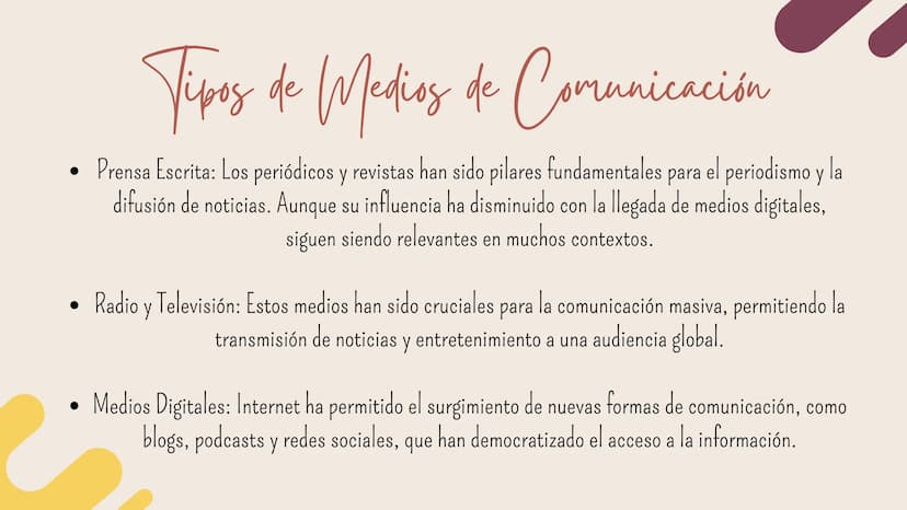 Los Medios de
Comunicación ¿Que son?
Los medios de comunicación juegan un papel crucial en la sociedad
moderna, funcionando como canales ese