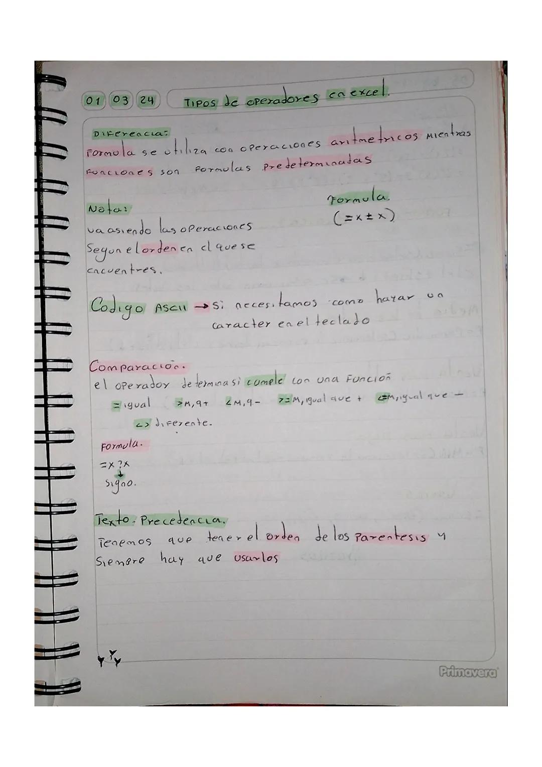 01 03 24
Tipos de operadores ca excel.

Diferencia:
Formula se otiliza cos operaciones aritmetricos mientras
FORCLOGes son Pormulas predeter