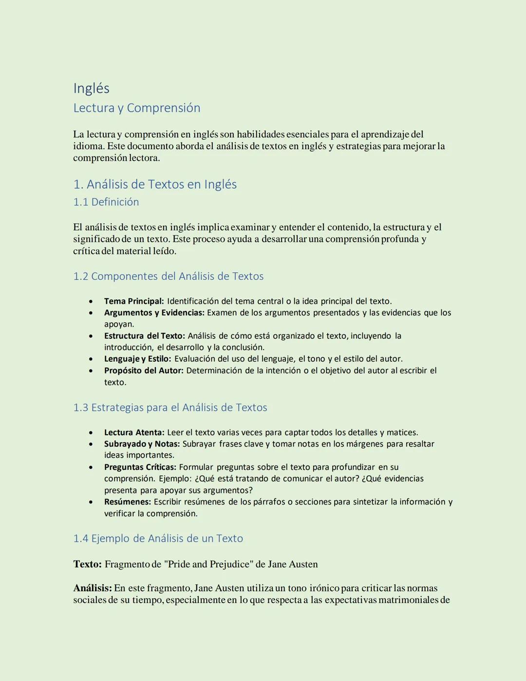 Inglés
Lectura y Comprensión
La lectura y comprensión en inglés son habilidades esenciales para el aprendizaje del
idioma. Este documento ab