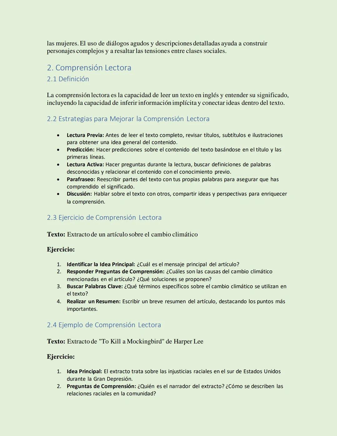 Inglés
Lectura y Comprensión
La lectura y comprensión en inglés son habilidades esenciales para el aprendizaje del
idioma. Este documento ab
