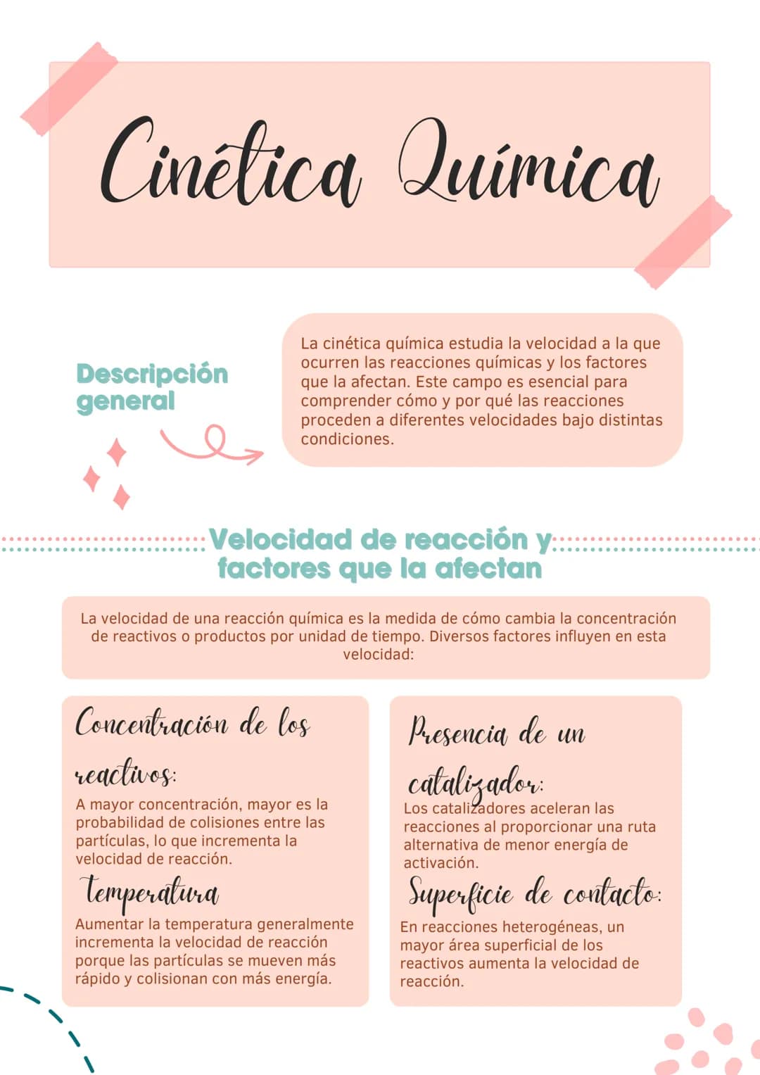 Cinética Química
Descripción
general
La cinética química estudia la velocidad a la que
ocurren las reacciones químicas y los factores
que la