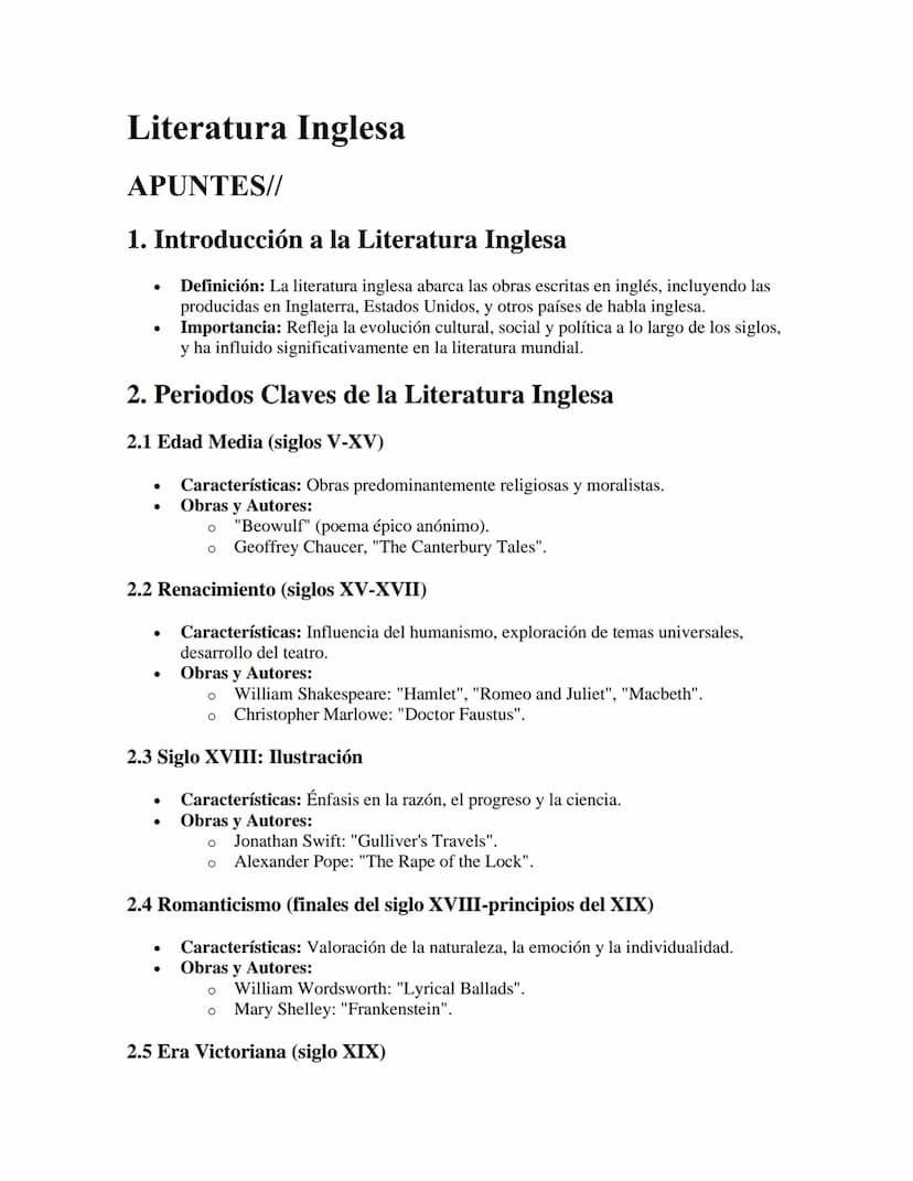 Literatura Inglesa
APUNTES//
1. Introducción a la Literatura Inglesa
•
•
Definición: La literatura inglesa abarca las obras escritas en ingl