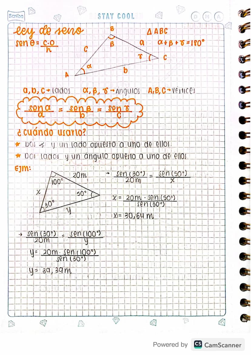 Scribe
ley de seno
co
sen e = c.O
h
STAY COOL
B
D
M
AABC
B
a
α+B+8=180°
C
d
୪
b
A
a,b,c lados
α, B, Angulos A, B, C vertices
son a = senB = 