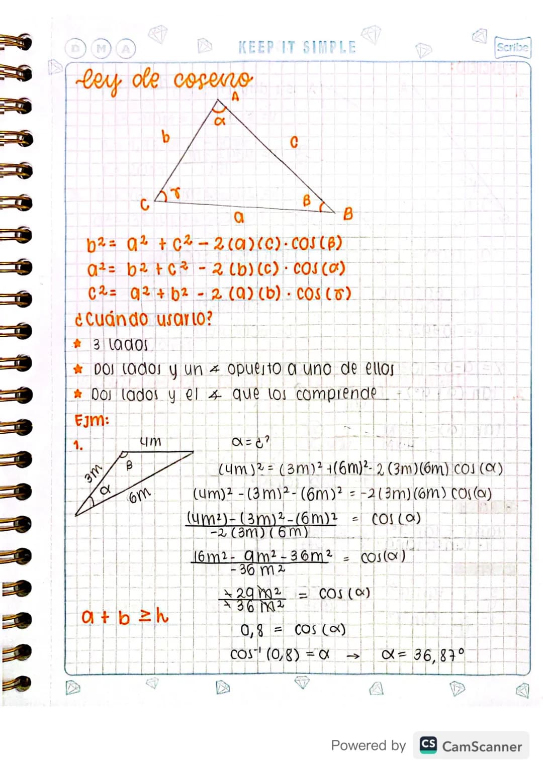 Scribe
ley de seno
co
sen e = c.O
h
STAY COOL
B
D
M
AABC
B
a
α+B+8=180°
C
d
୪
b
A
a,b,c lados
α, B, Angulos A, B, C vertices
son a = senB = 