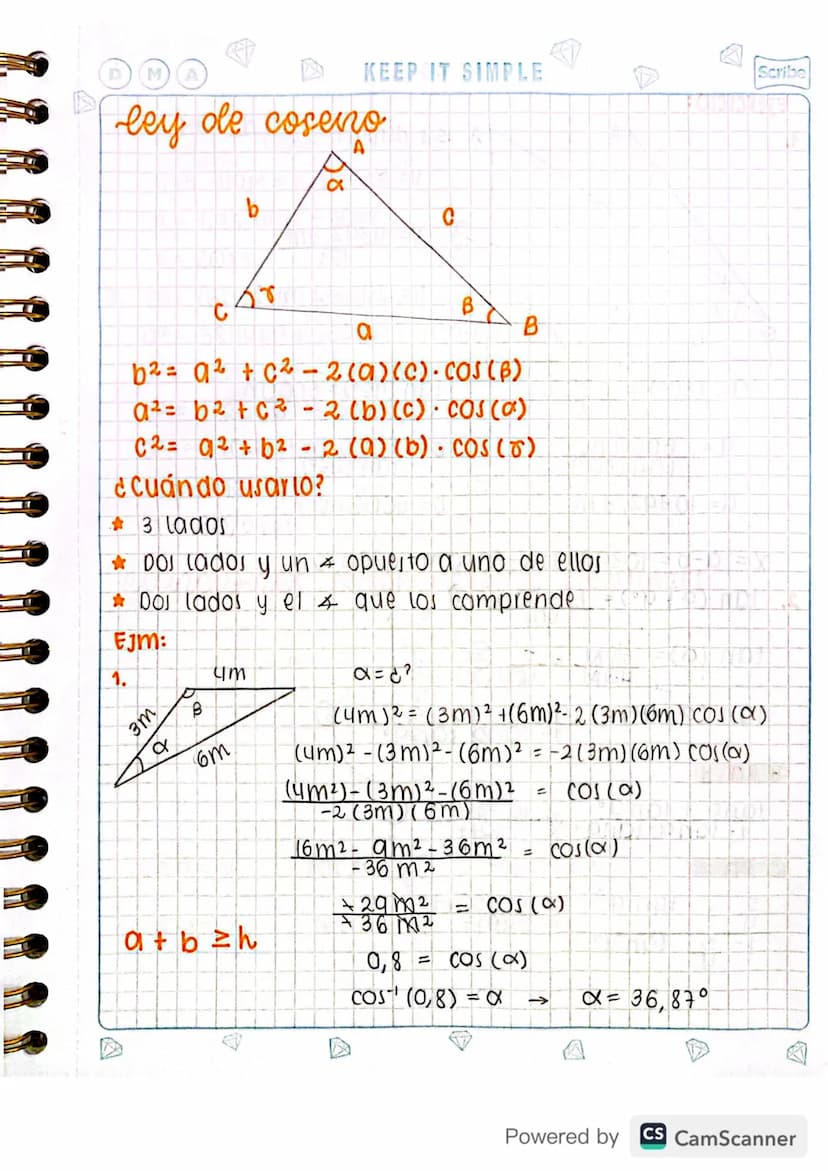 Scribe
ley de seno
co
sen e = c.O
h
STAY COOL
B
D
M
AABC
B
a
α+B+8=180°
C
d
୪
b
A
a,b,c lados
α, B, Angulos A, B, C vertices
son a = senB = 