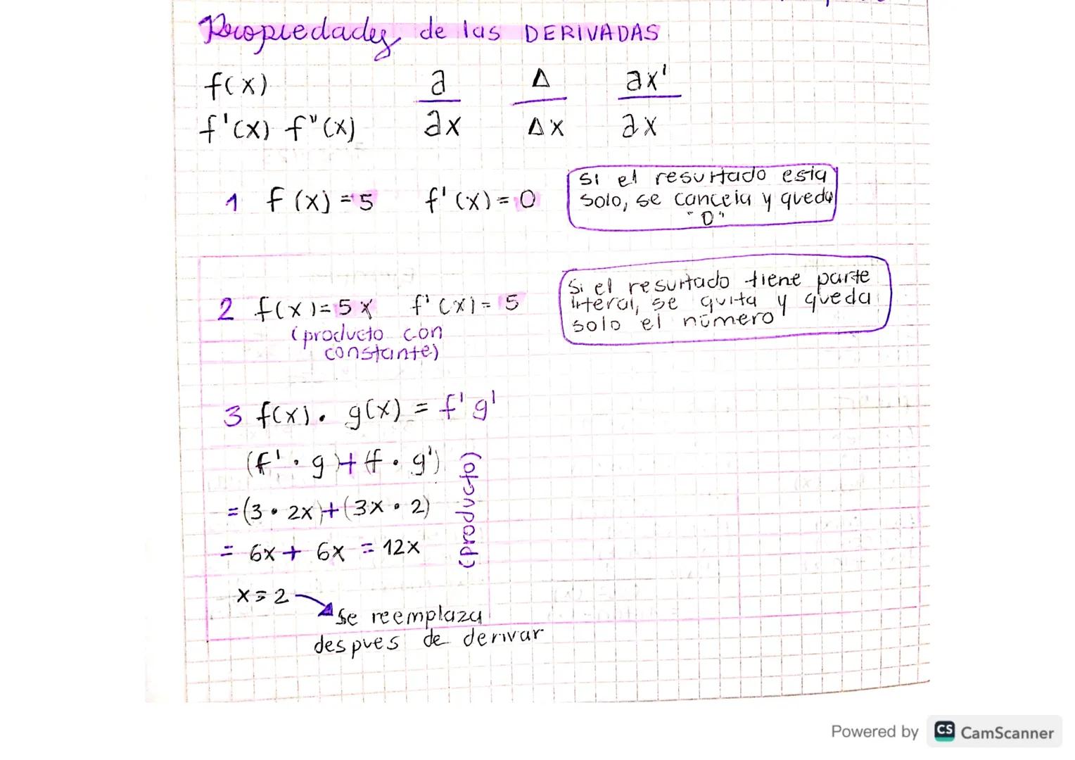 Propiedady
de las
DERIVADAS
f(x)
a
A
ax'
f'(x) f'(x)
ах
AX
ах
1 f (x) = 5
f'(x) = 0
2 f(x)=5x
f'(x)=15
(producto con
constante)
3 f(x). g(x)