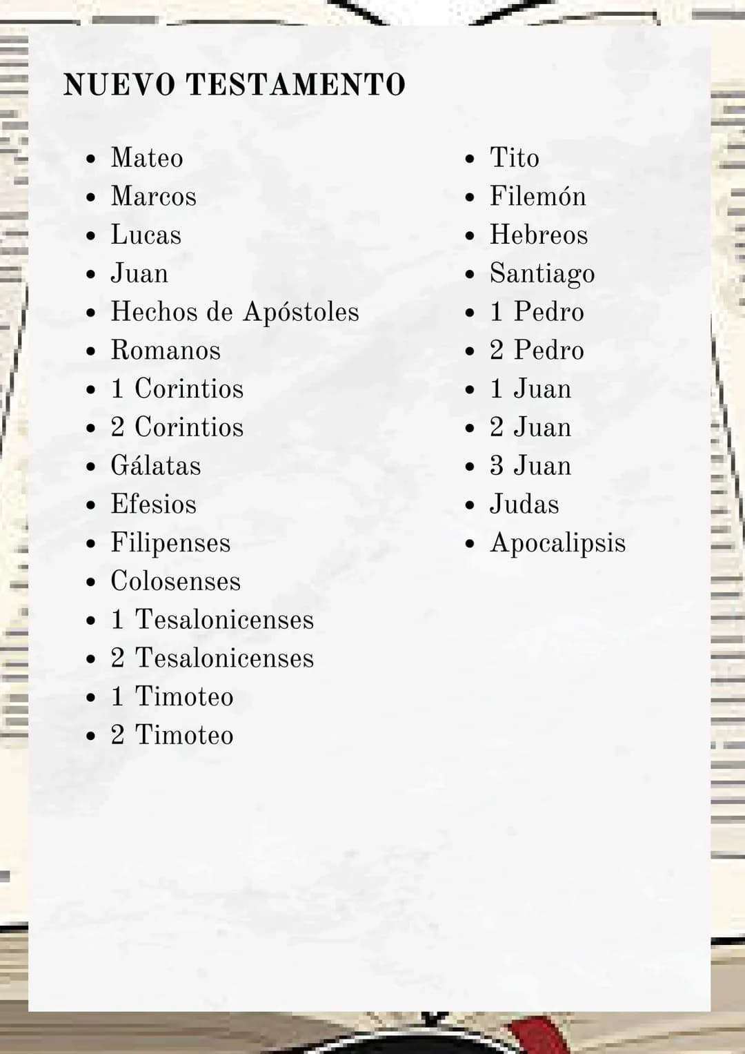 SECCIONES PRINCIPALES
DE LA BIBLIA
ANTIGUO TESTAMENTO
• Génesis
• Los Salmos
Éxodo
• Levítico
• Números
• Deuteronomio
• Josué
• Jueces
• Ru