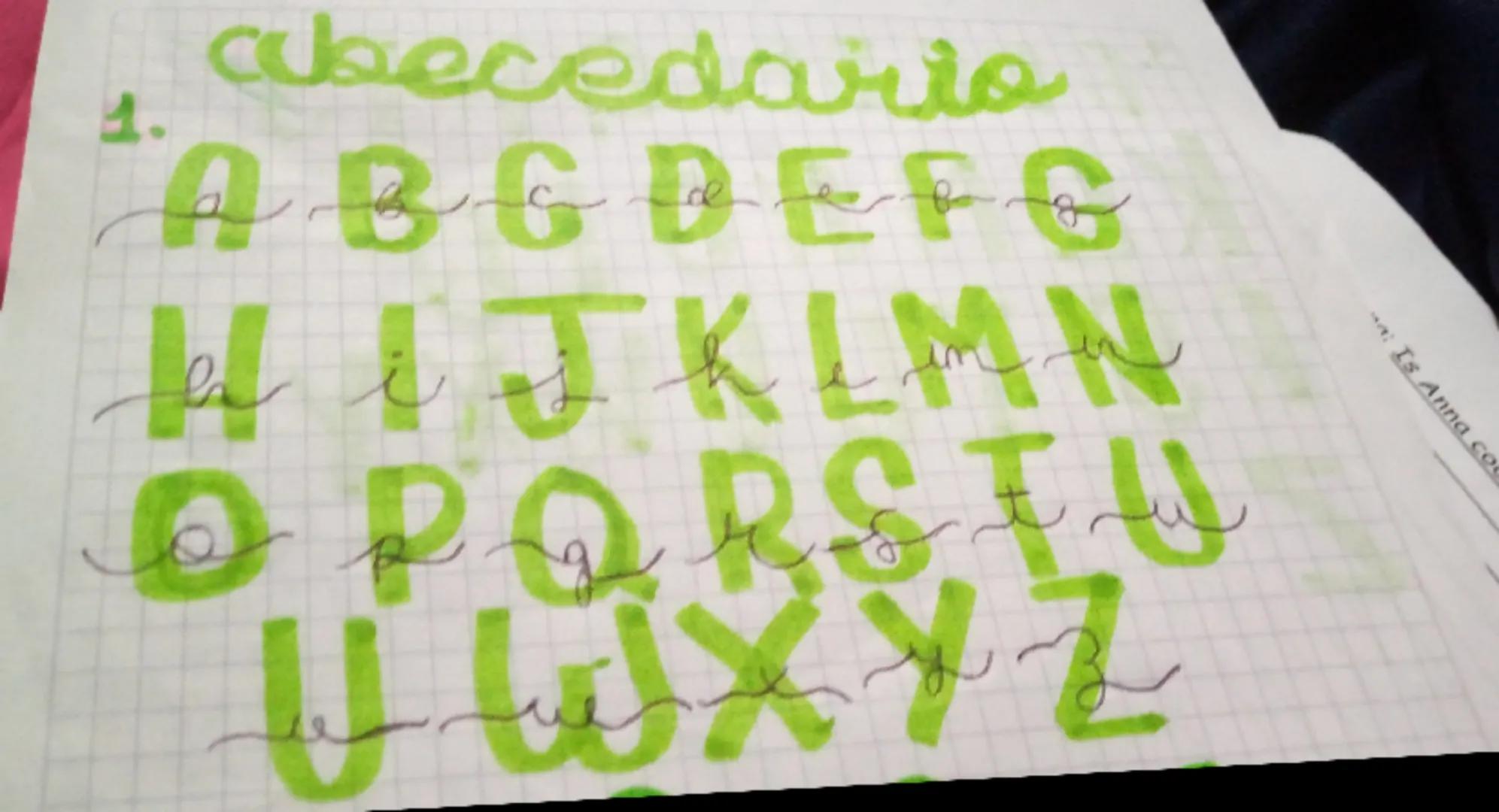 1. abecedario
ABCDEFG
HIJKLMN
OPQRSTU
UVWXYZ * A B C D E F GHIJ
K L M N O P Q
RS
2.
TUVWXY ABECEDARIO
Aa-Bb-Cc-Dd-Ee-ff
Gg-Hh-Ii-Jj-Kk-Ll
Mm
