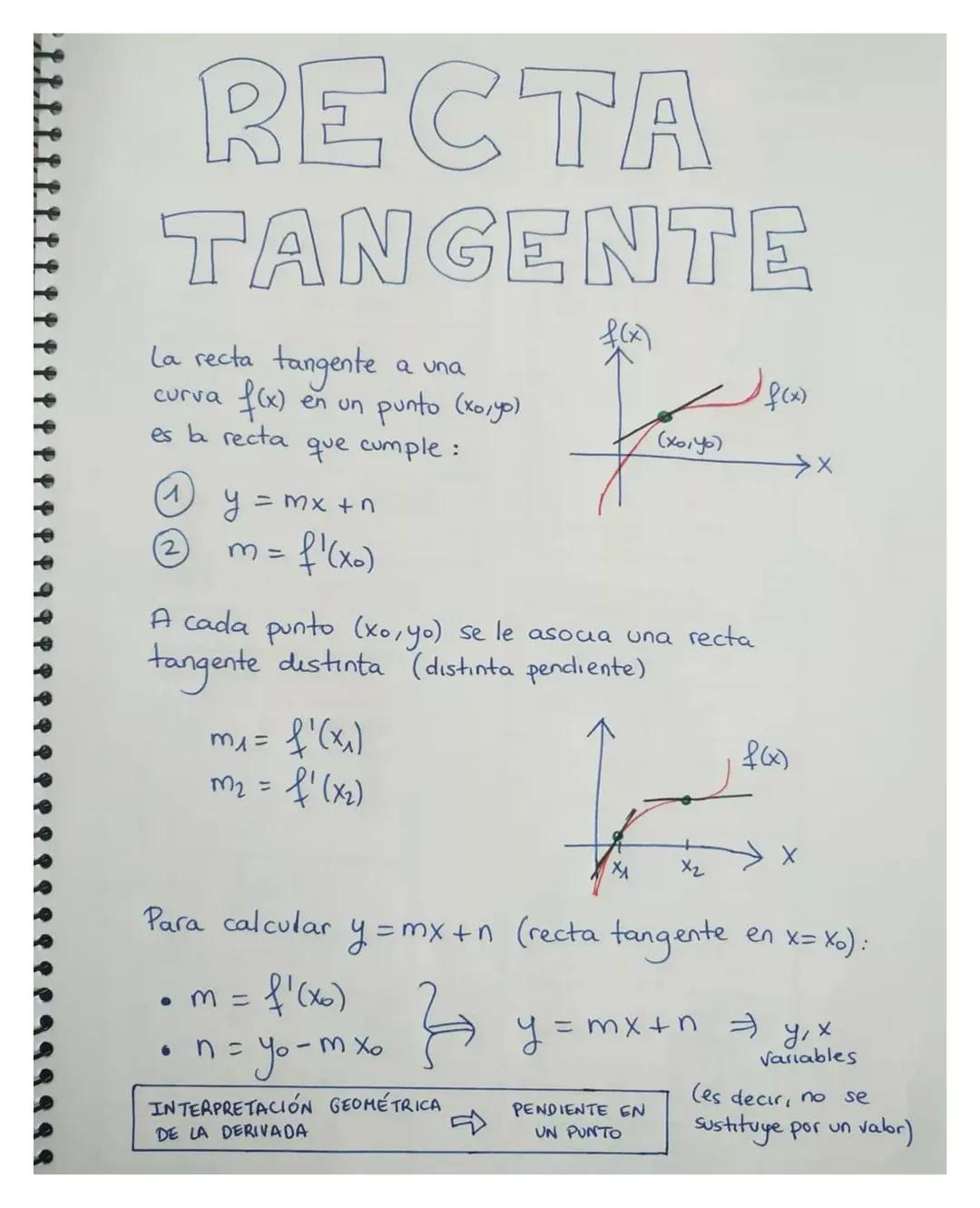 # RECTA

# TANGENTE

La recta tangente a una
curva $f(x)$ en un punto $(x_o,y_o)$
es la recta que cumple :

1 y = mx + n

2 m = $f'(x_o)$

A