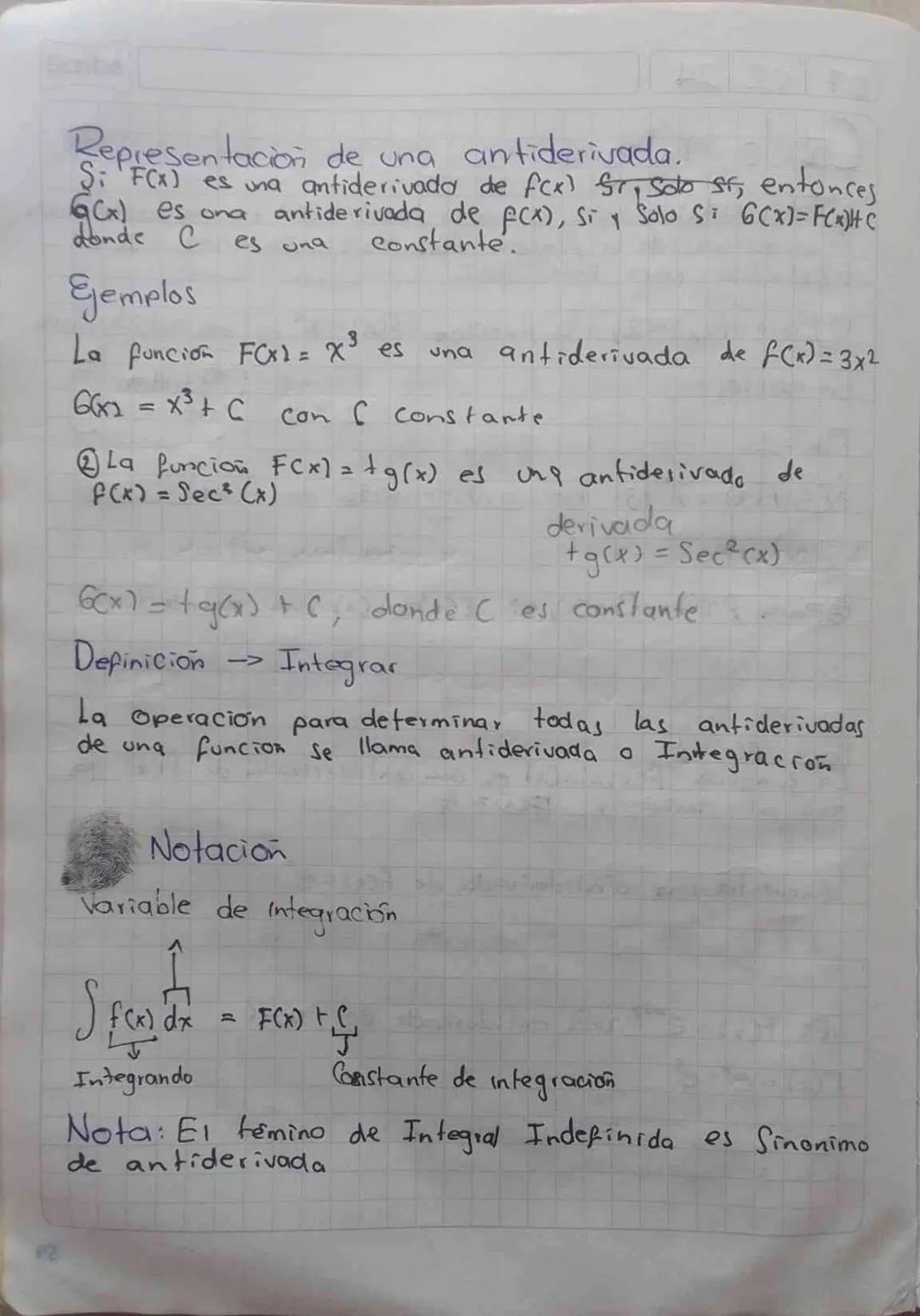 07 02 24
Catulo Integral.
Scribe
Antiderivada: Se dice que una funcion F(x) es una antiderivada
(o primitiva) de la funcion f(x) en el
F'(x)