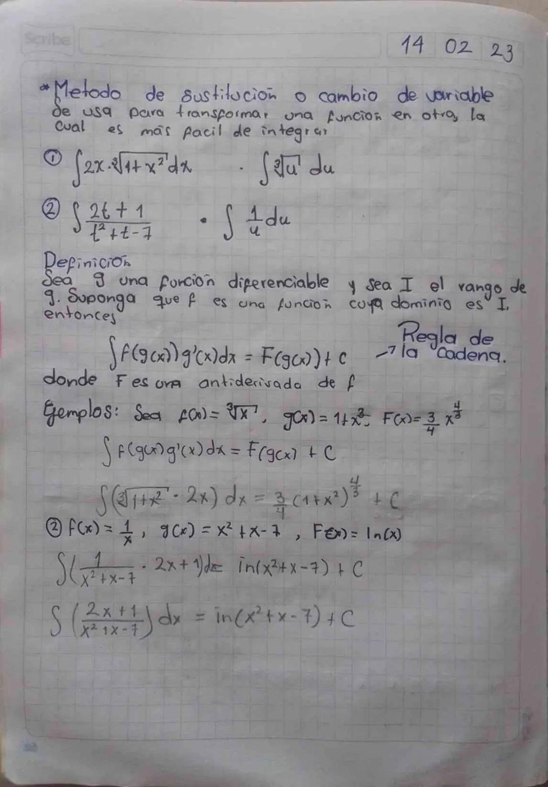 07 02 24
Catulo Integral.
Scribe
Antiderivada: Se dice que una funcion F(x) es una antiderivada
(o primitiva) de la funcion f(x) en el
F'(x)