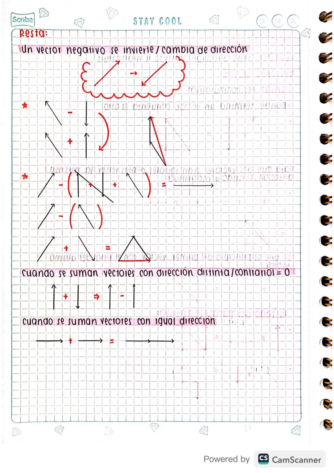 Scribe

STAY COOL

Resta:

Un vector negativo se invierte/cambia de dirección

(N)

/-(\)

+

=

=

←

cuando se suman vectores con direcció