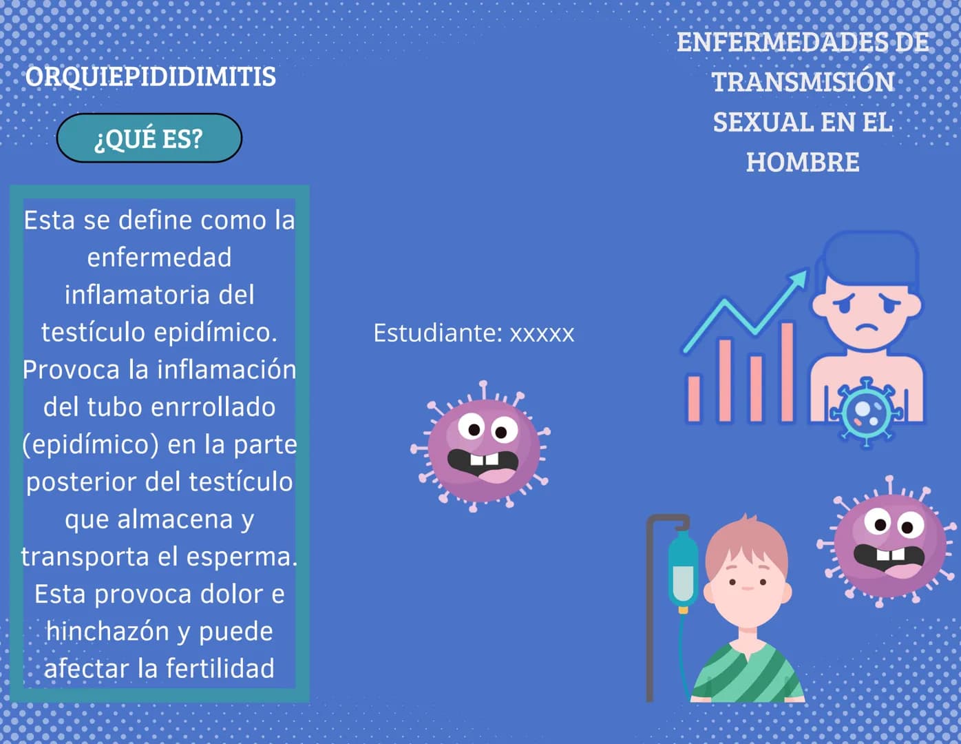 ORQUIEPIDIDIMITIS
¿QUÉ ES?
Esta se define como la
enfermedad
inflamatoria del
testículo epidímico.
Provoca la inflamación
del tubo enrrollad