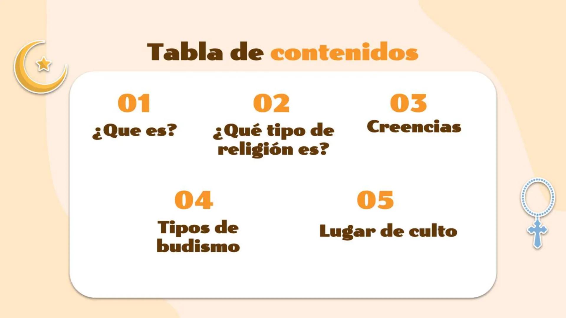 Tabla de contenidos
01
02
03
¿Que es?
¿Qué tipo de
religión es?
Creencias
04
05
Tipos de
budismo
Lugar de culto 01
¿Que es? El budismo es un