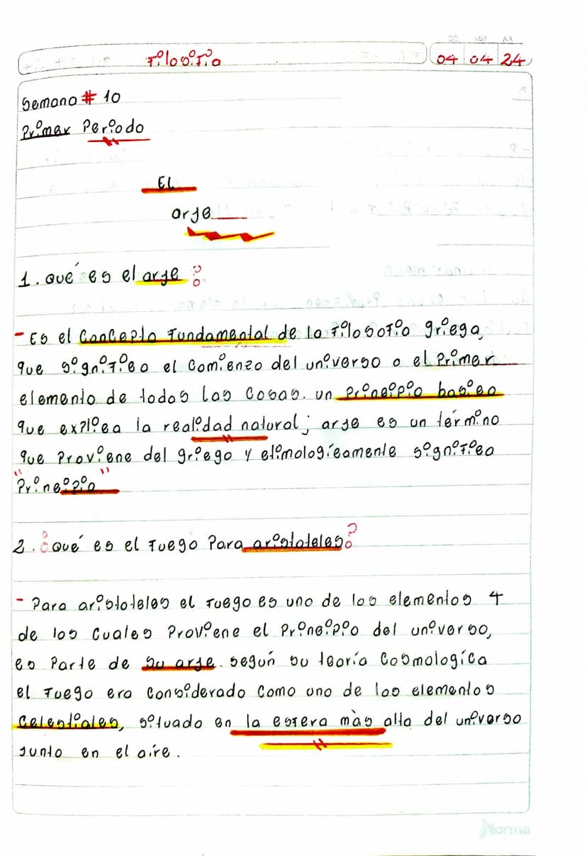 Semana #10
Primer Periodo
Filogitia
EL
200 MM AA
04 04 24
1. Que es el arge ?.
9
- Es el Concepto Fundamental de la Filosofio griega,
que si
