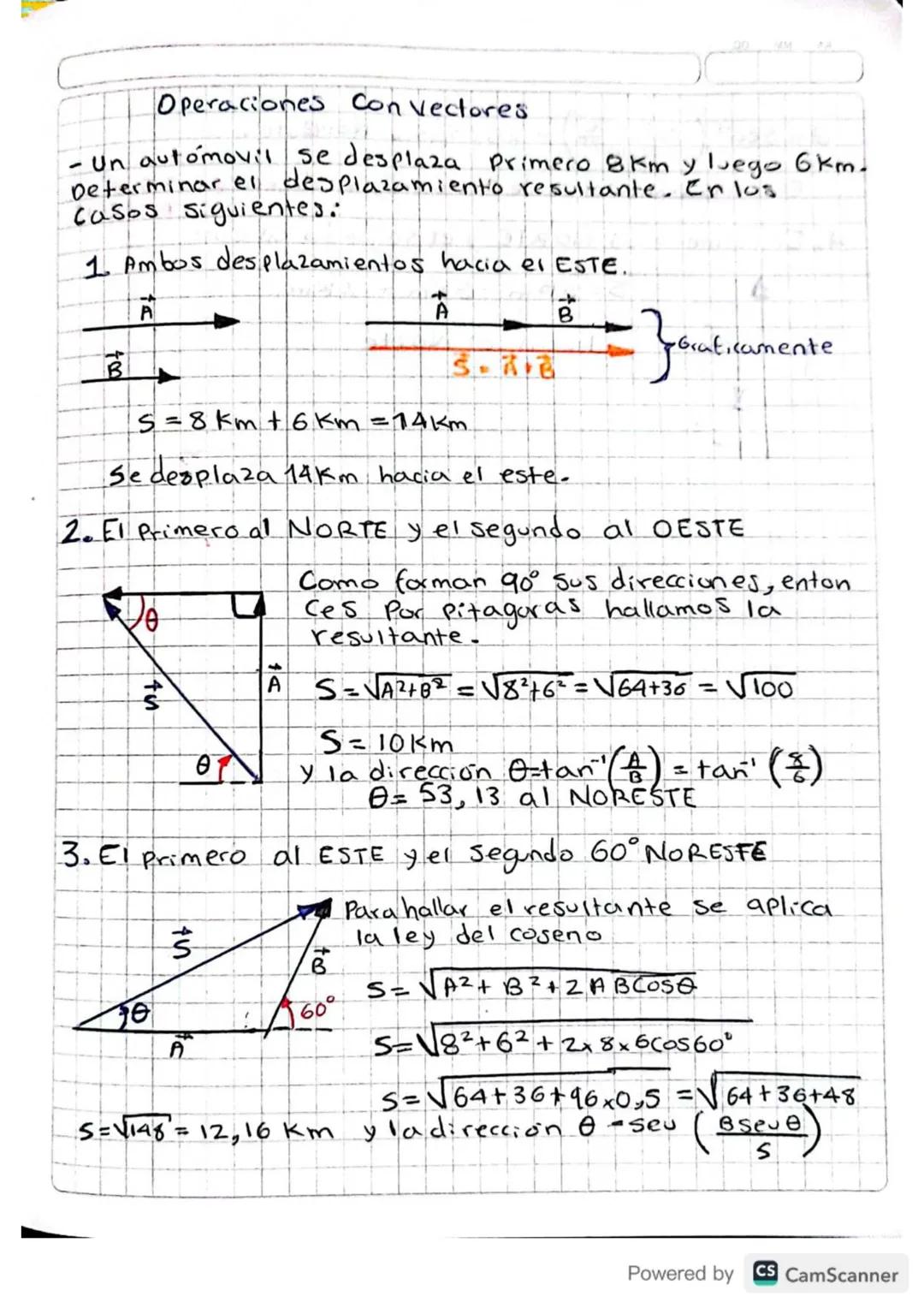 Operaciones Convectores
Un automovil se desplaza Primero 8km y luego 6km.
Determinar el desplazamiento resultante. In los
casos siguientes:
