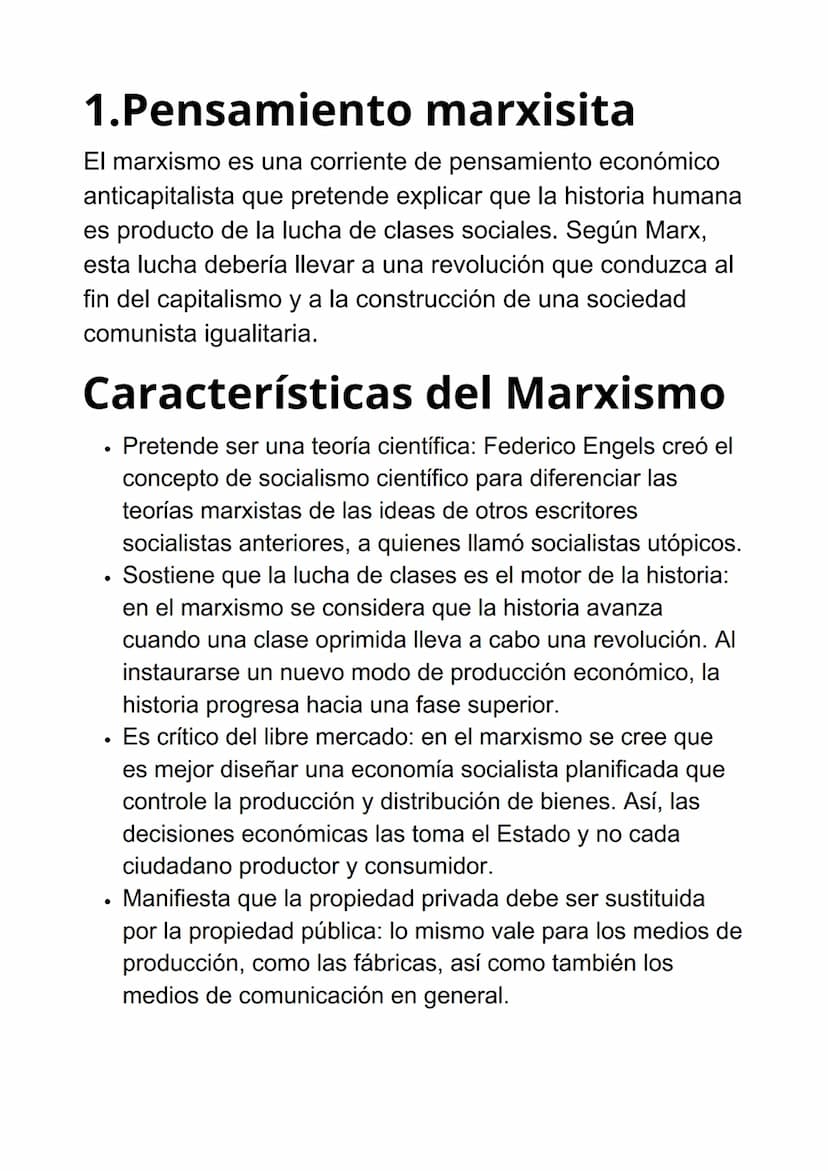 1.Pensamiento marxisita
El marxismo es una corriente de pensamiento económico
anticapitalista que pretende explicar que la historia humana
e
