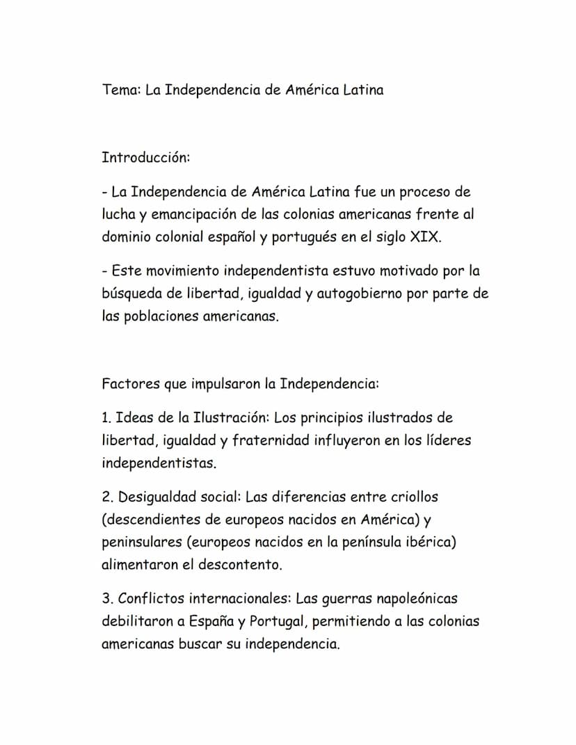 Tema: La Independencia de América Latina
Introducción:
-
La Independencia de América Latina fue un proceso de
lucha y emancipación de las co