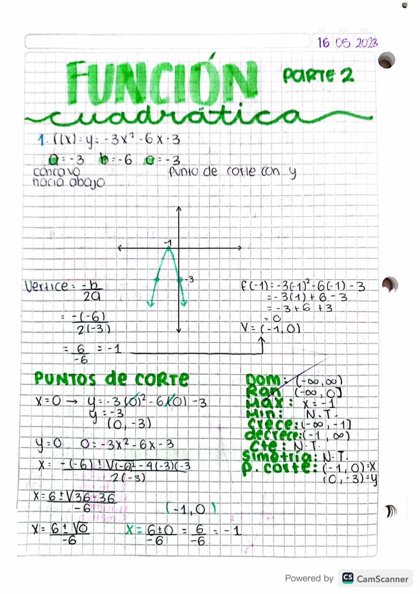 DD
MM
16.05.2023
FUNCIÓN
PARTE 2
Cuadratica
1. ((x) = y=-3x²-6x-3
0 - 3 0 - 60 = -3
concavo
hacia abajo
=
Punto de corte con y
Vertice b
29

