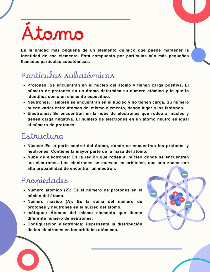 Átomo
Es la unidad más pequeña de un elemento químico que puede mantener la
identidad de ese elemento. Está compuesto por partículas aún más