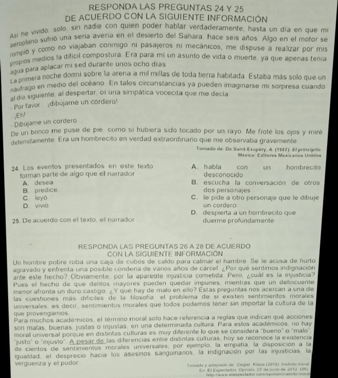 ## RESPONDA LAS PREGUNTAS 24 Y 25
## DE ACUERDO CON LA SIGUIENTE INFORMACIÓN
Asi he vivido, solo, sin nadie con quien poder hablar verdadera