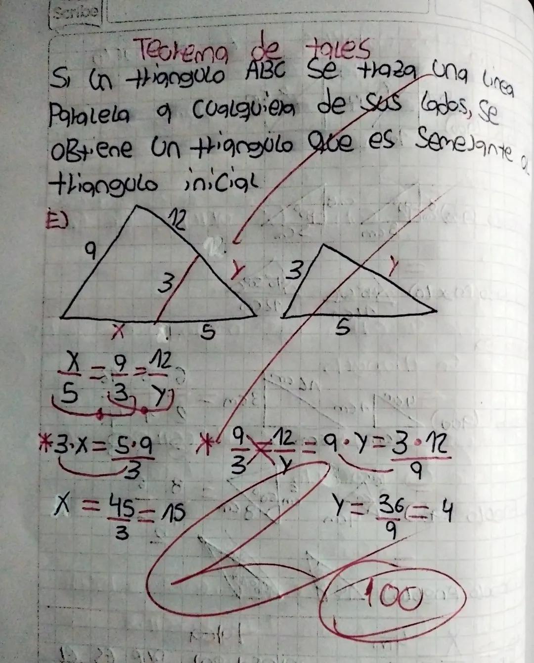 Scribe
Teorema de tales
S n thangulo ABC Se traza una brea
Paralela a Cualquiera de sus lados, Se
OBene un tiangulo que es semejante,
triang