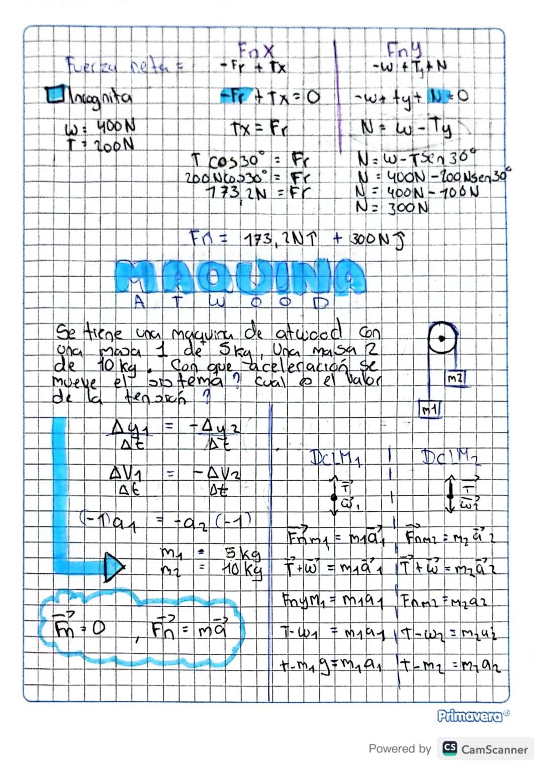 Fuerza neta

Incognita
W: 400N
T200N

FOX
-Fr + Tx

-Fr+tx=0

Tx = Fr

T COS30 Fr
200 NC0330°= Fr
773,2N = Fr

Fny
-W&TAN
3-
-W+ ty + NO

N=