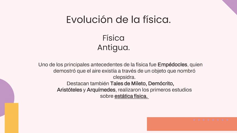 La Historia De La Física 01
¿Qué es la física
como ciencia?
04
Contenidos
02
Evolución de la
Física.
05
03
Física antigua.
06
Física clásica