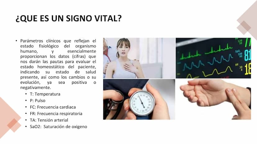 ¿QUE ES UN SIGNO VITAL?
Parámetros clínicos que reflejan el
estado fisiológico del organismo
humano,
esencialmente
y
proporcionan los datos 