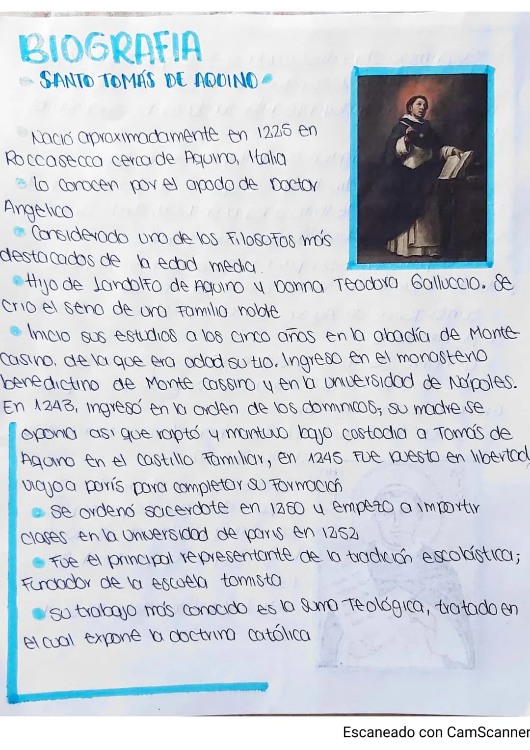 BIOGRAFIA
SANTO TOMAS DE AQUINO
Nació aproximadamente en 1226 en
Roccasecca cerca de Aquino, Italia
lo conocen por el apodo de Doctor
Angeli