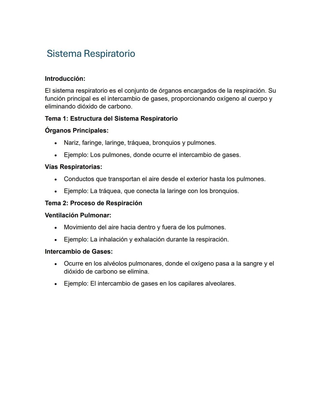 # Sistema Respiratorio

Introducción:

El sistema respiratorio es el conjunto de órganos encargados de la respiración. Su
función principal 