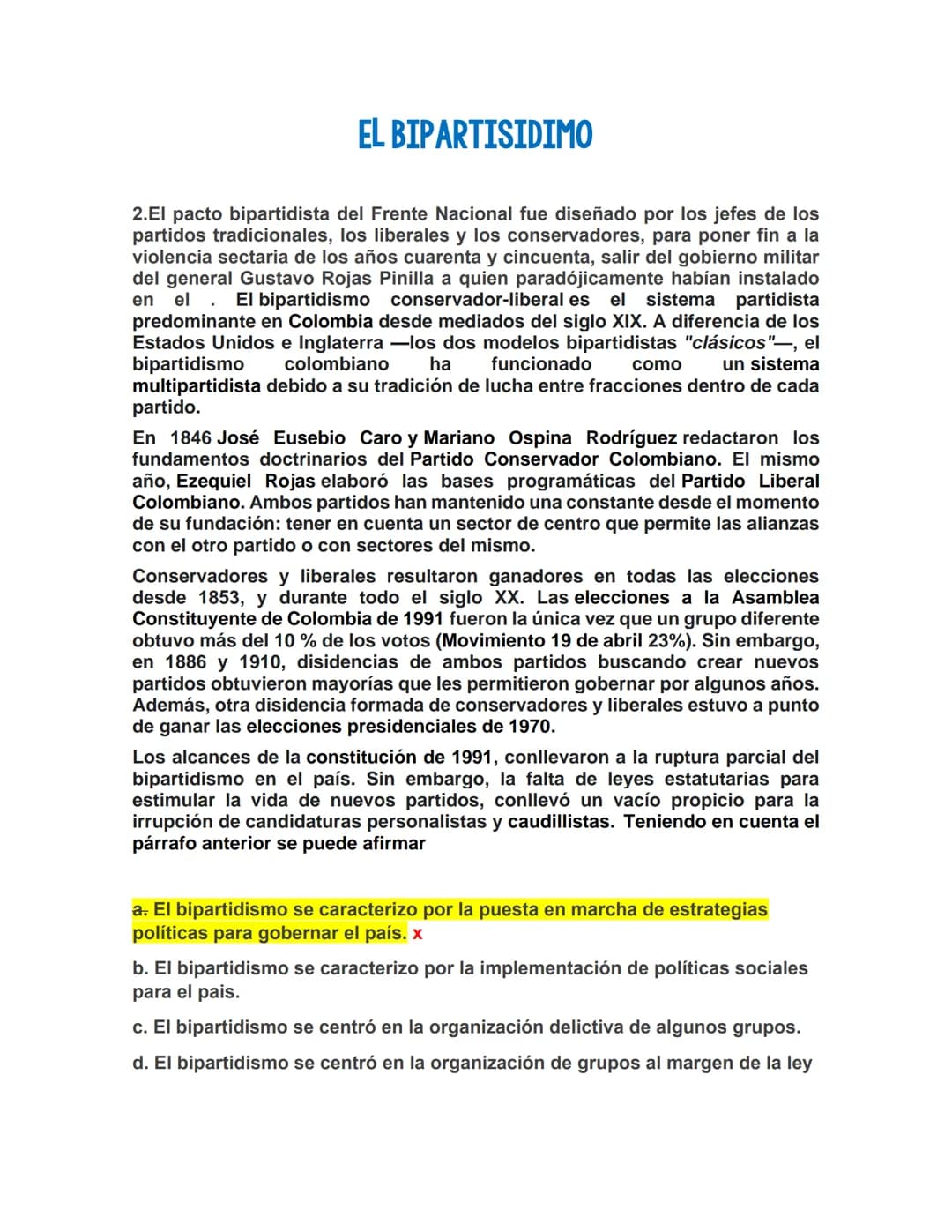 FRENTE NACIONAL EN COLOMBIA
1.El Conflicto armado interno de Colombia durante el Frente Nacional se
centró en la Alianza de terratenientes, 