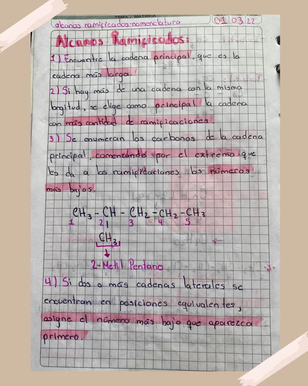 Alcanos
Apuntes para Bachillerato TEMA/MA ERIA
Lakanos ramificados nomenclatura
Acanos Rumipicados:
01/03/22
1) Encuentre la cadena principa