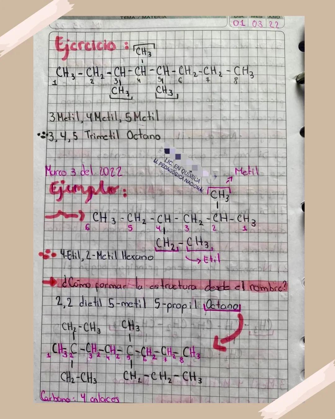 Alcanos
Apuntes para Bachillerato TEMA/MA ERIA
Lakanos ramificados nomenclatura
Acanos Rumipicados:
01/03/22
1) Encuentre la cadena principa