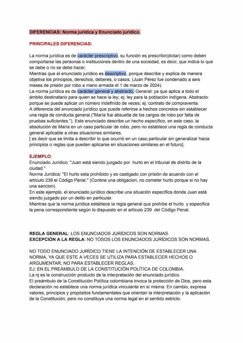 DIFERENCIAS: Norma jurídica y Enunciado jurídico.
PRINCIPALES DIFERENCIAS:
La norma jurídica es de carácter prescriptivo, su función es pres