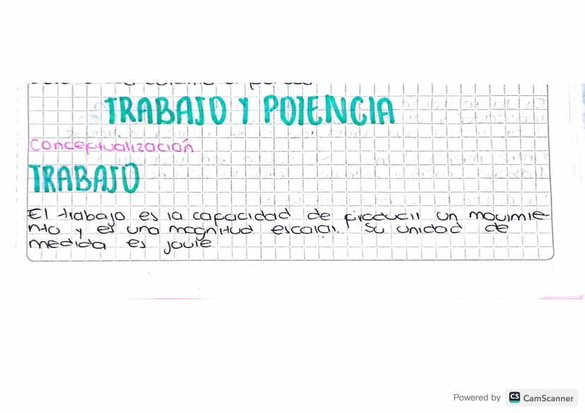 TRABAJO Y POIENCIA
Conceptualización
TRABAJO
Y
medida
es una magnitud
es Joule
El trabajo es la capacidad de
escala.
producil un movimie-
Su
