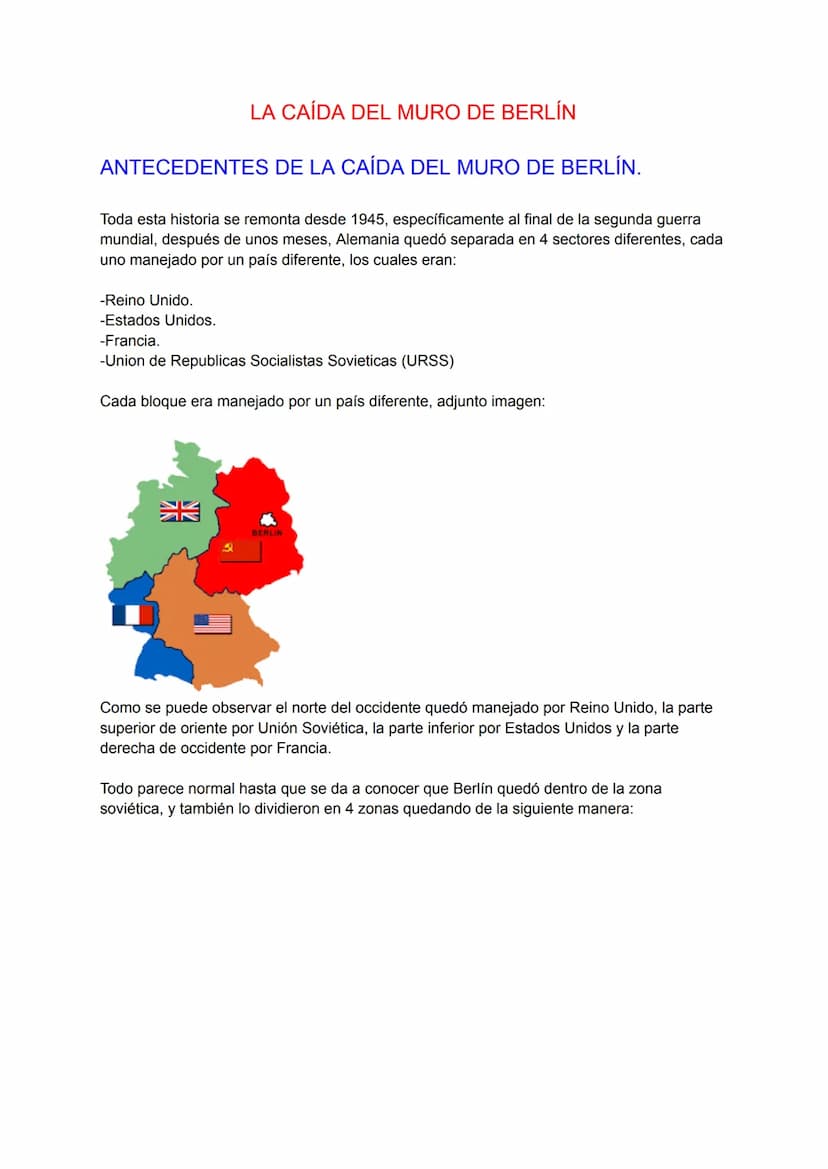 LA CAÍDA DEL MURO DE BERLÍN
ANTECEDENTES DE LA CAÍDA DEL MURO DE BERLÍN.
Toda esta historia se remonta desde 1945, específicamente al final 