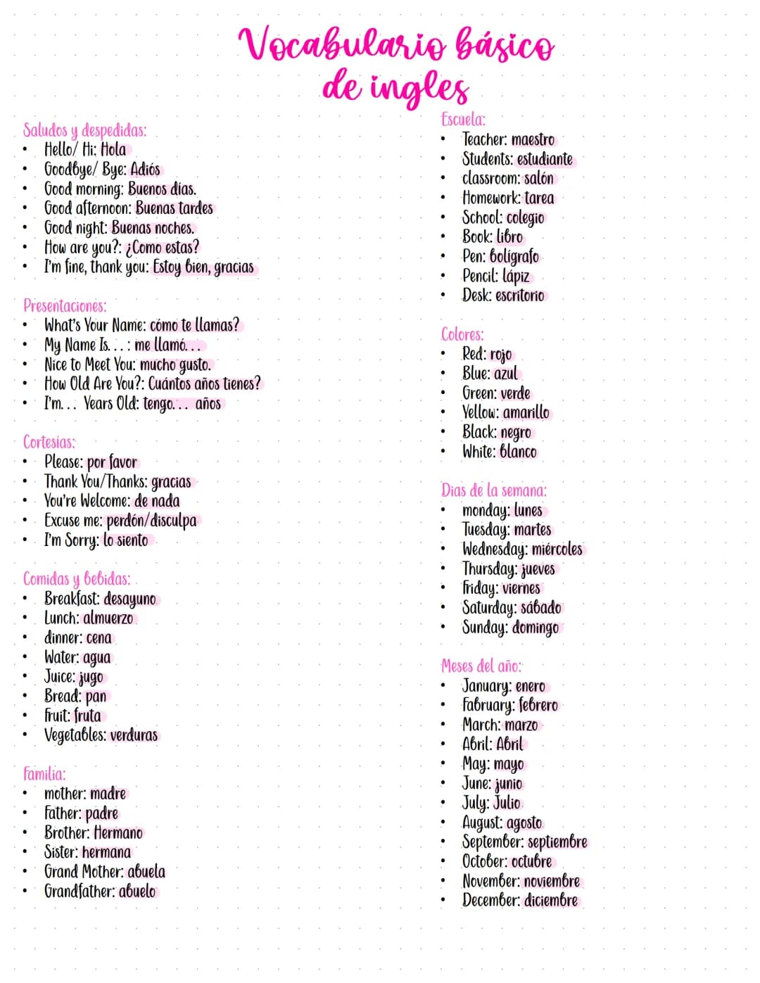Vocabulario básico
de ingles
Escuela:
Saludos y despedidas:
•
•
.
•
Hello/ Hi: Hola
Goodbye/ Bye: Adiós
Good morning: Buenos días.
Good afte