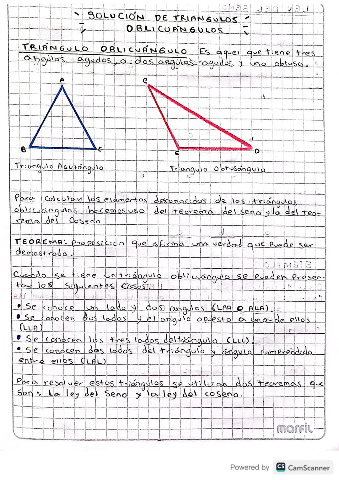 - SOLUCIÓN DE TRIANGULOS
-
OBLICUANGULOS

TRIÁNGULO OBLICUÁNGULO Es aquel que tiene tres
angulos, agudos, o dos argulos: agudos y uno
obtuso